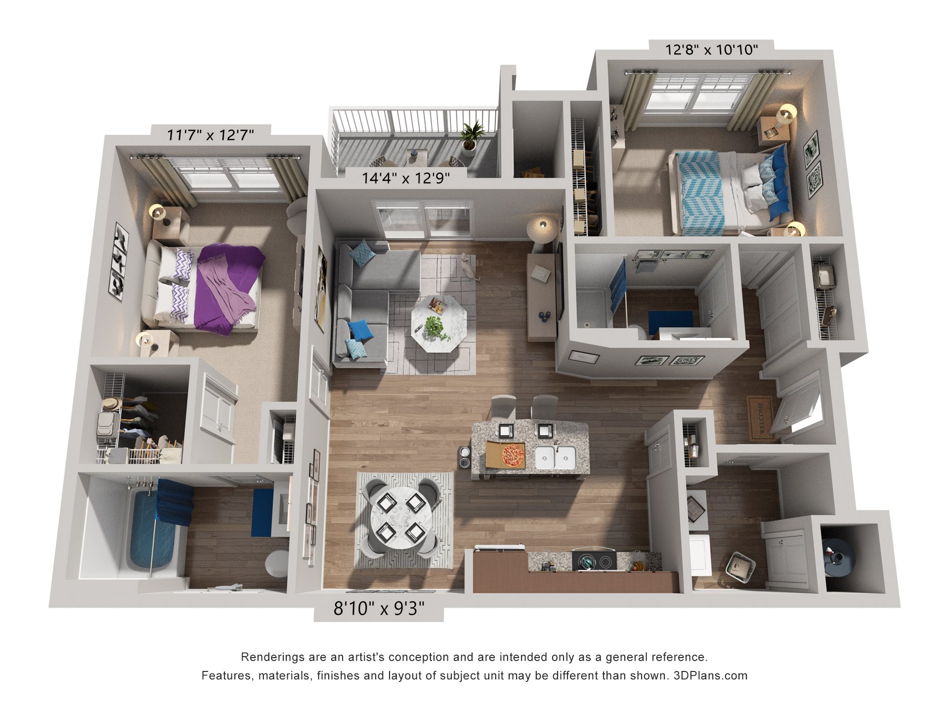 Floor plan for 2 beds, 2 baths, 1208 sqft